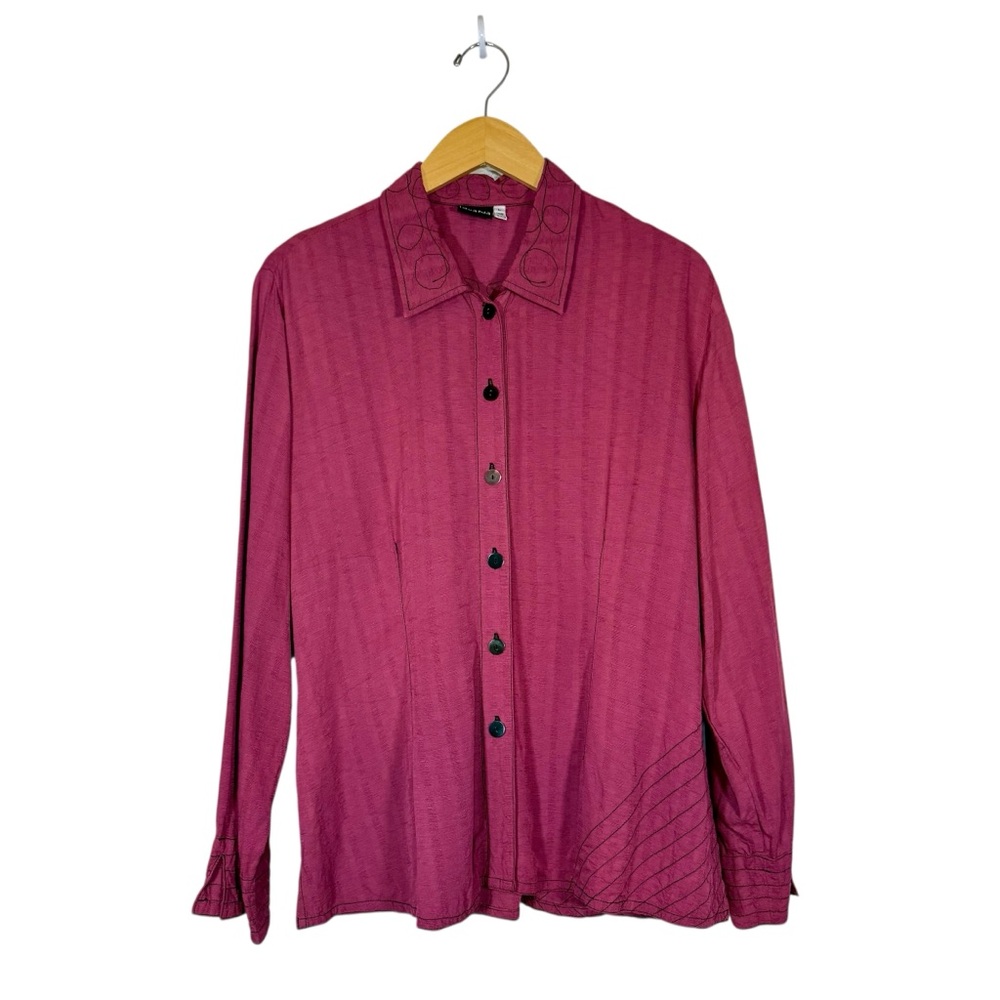 Iguana Womans Rayon Button Down Blouse Fuchsia Pink Sz L Black Embroidery Boho
